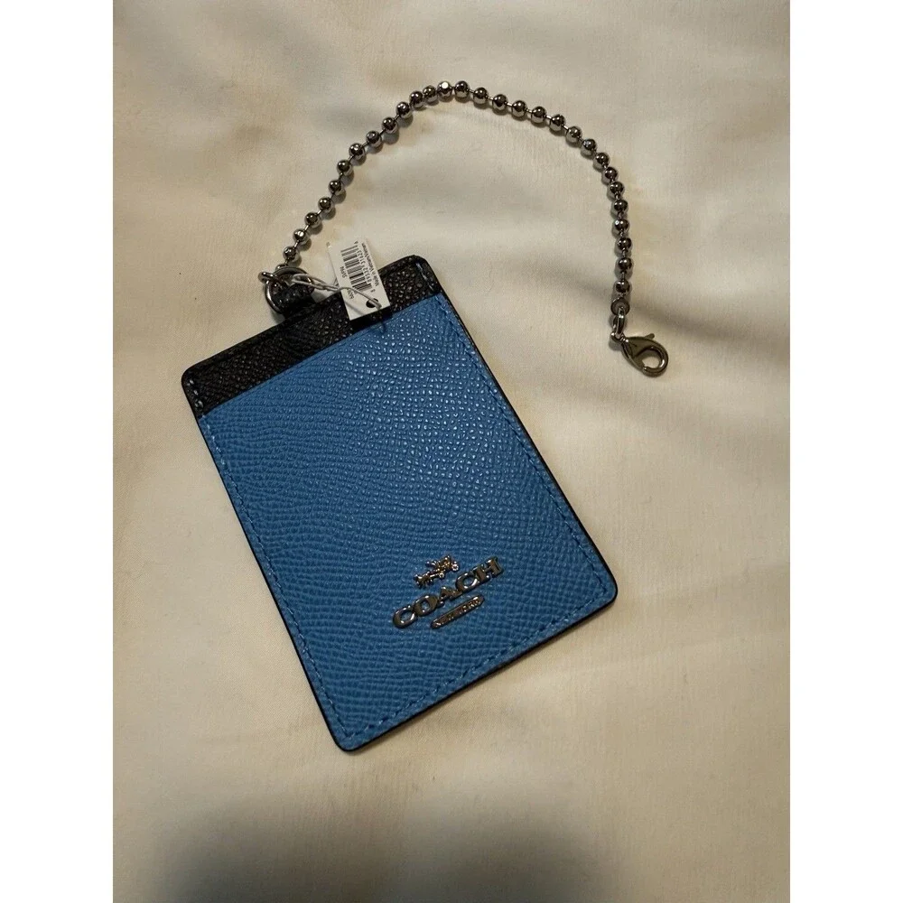 Coach Blue Leather ID Card Holder Chain Key Ring Lanyard NWT Gift Box